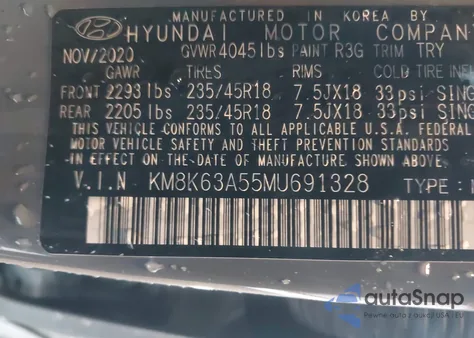 2021 Hyundai Kona Night from USA, damaged, VIN KM8K63A55MU691328